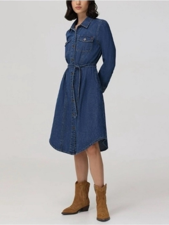 Frye Indigo Denim Shirt Midi Dress with Tie Waist - Picture 3 of 7